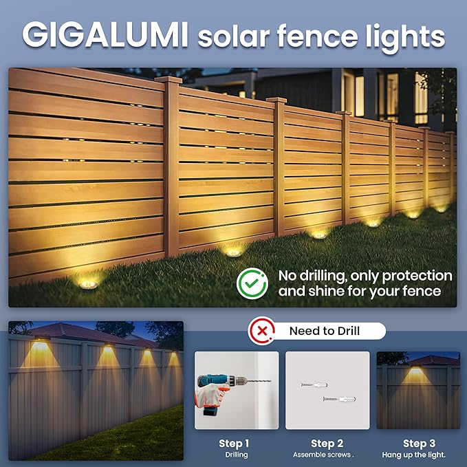 GIGALUMI Solar Ground Lights - No-Drill Fence Lighting Solution, Waterproof Perimeter Lights Compatible with Wood, Metal & Concrete Fences (12 Pack Warm White)