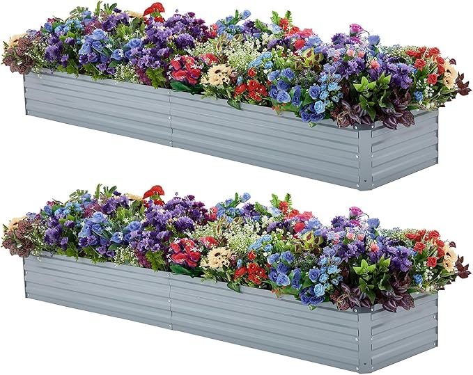 2 Pack 6x1.5x1FT Galvanized Raised Garden Bed Kit, Outdoor Metal Planter Box for Vegetables, Bottomless Rectangular Gardening Bed with Support Rods, Tool-Free Assembly, Gray