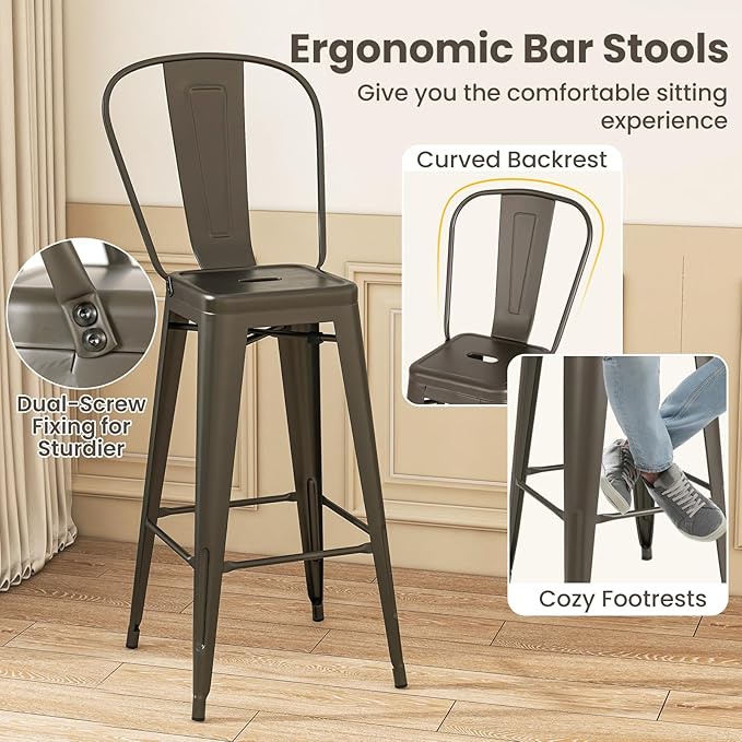 COSTWAY Metal Bar stools Set of 4, with Removable Back, 30'' Bar Height Stools with Rubber Feet, Stylish and Modern Chairs, for Kitchen, Dining Rooms, and Side Bar (Gun-Update, 30'')