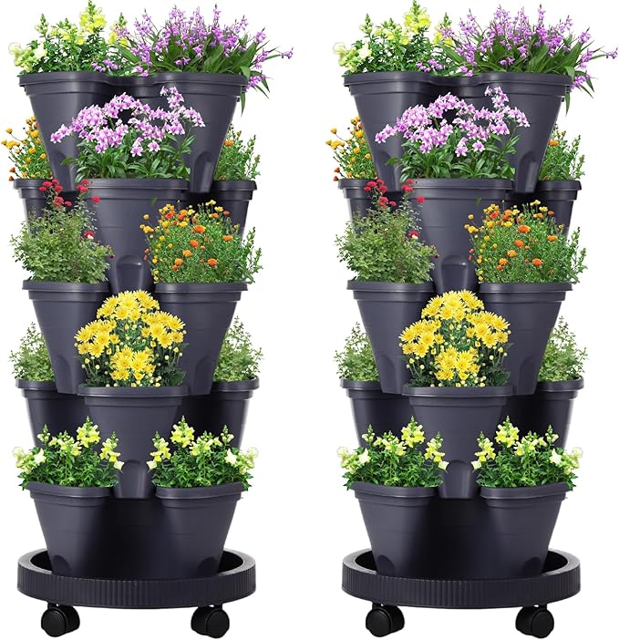 Umigy 2 Set 5 Tier Stackable Planters Vertical Garden Planters for Strawberry Herb Flower and Vegetable Indoor Outdoor Gardening Pots with Removable Wheels and Bottom(Grey)