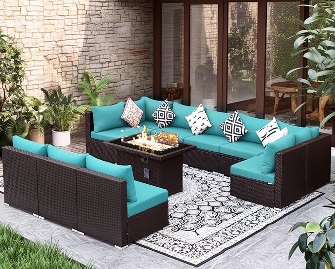 NICESOUL Modern Outdoor Couches with Firepit Table Propane/Natural Gas, 29.3'' High Back Comfy Conversation Set with Fireplace, 10 Seater Large Wide Patio Furniture Set, Brown Rattan and Teal Cushion