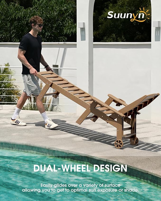 Chaise Lounge Outdoor, Lounge Chair Outdoor with Wood Texture, Adjustable 5-Position Backrest, HDPE Lounge Chair with Wheels & Cup Holder for Pool Deck Backyard, Teak