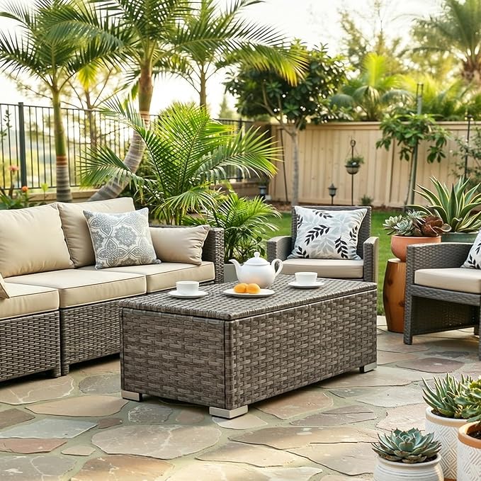 ONBRILL Outdoor Coffee Table with Storage, Rattan Storage Coffee Table with Internal Waterproof Bag, Low Side Table for Patio, Porch, Backyard, Poolside - Brown