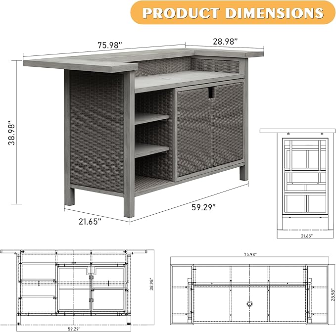 Domi Home Bar Unit，Modern Wicker Outdoor Bar Table with Aluminum Frame, Grill Table and Liquor Cabinet Bar for Patio, Home Kitchen, Dining Room, Living Room, Gray