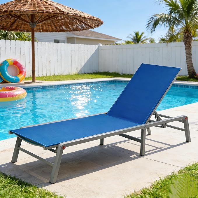 Kozyard Outdoor Foldable Lounge Chair, Aluminum Frame Patio Lounger with 5-Position Adjustable Backrest, Breathable Textilene Fabric, Assemble-Free, Reclining Full-Flat Poolside(Blue)