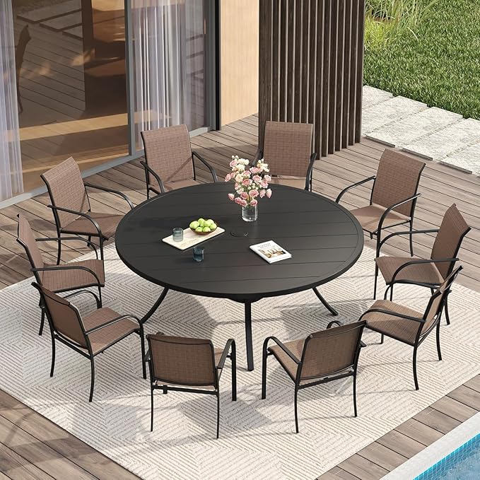 VICLLAX Large Patio Dining Furniture Set, Outdoor Dining Set for 10-60" Round Outdoor Table and Patio Stackable Chairs, Black Tabletop and Brown Fabric