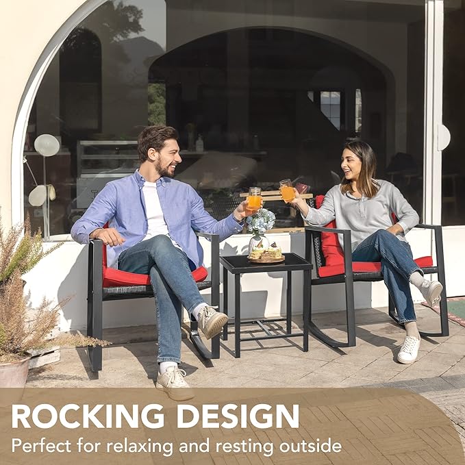 Devoko 3 Piece Rocking Bistro Set Wicker Patio Outdoor Furniture Porch Chairs Conversation Sets with Glass Coffee Table (Red)