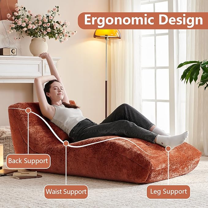 Chaise Lounge Chair with Curved Back, Modern Upholstered Recliner Sofa, Tufted Accent Lounger Comfortable Lazy Chair for Bedroom, Apartment (Orange)