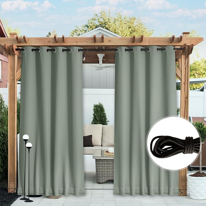 NICETOWN 2 Panels Weighted Outdoor Curtains for Patio Waterproof, Thermal Insulated Grommet & Back Tab on Top & Bottom Windproof Sun Blocking Drapes for Gazebo with Fixed Rope, Sage Green, W66 x L84