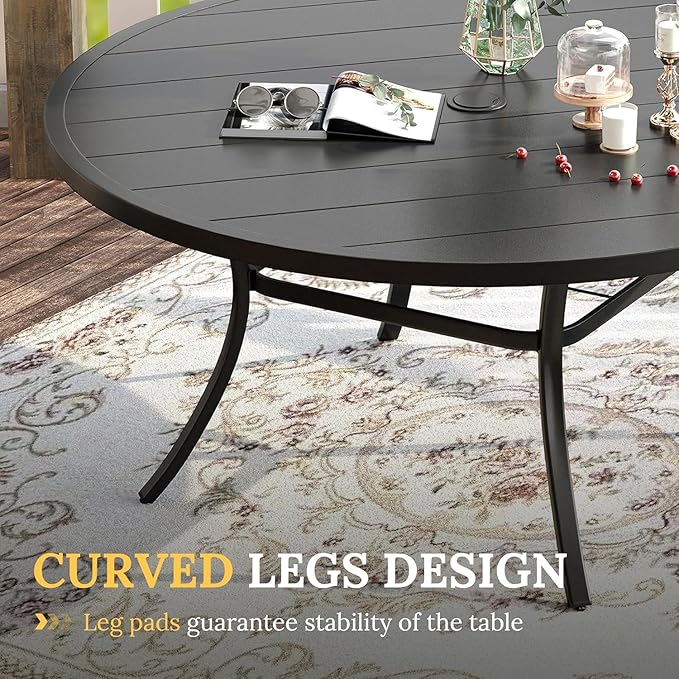 VICLLAX Large Patio Dining Furniture Set, Outdoor Dining Set for 10-60" Round Outdoor Table and Patio Stackable Chairs, Black Tabletop and Brown Fabric
