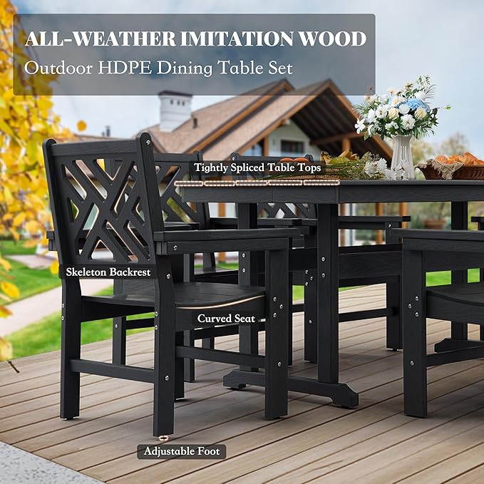 HDPE Dining Table Set for 6,7-Piece Outdoor Table and Chairs Include 6 Dining Chairs and 62.5" Patio Dining Table with Umbrella Hole (Black)