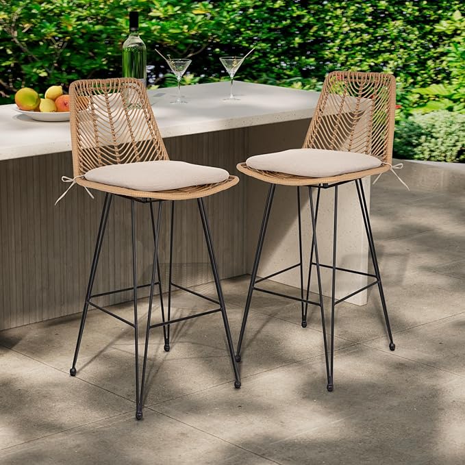 IDZO 400lbs Capacity Rattan Bar Stools Set of 2, 29-Inch Height, Outdoor & Indoor Use, Comfort Cushion, Solid Steel Frame, Durable Powder Coating, Easy Assembly, Ideal for Kitchen Island & Patio