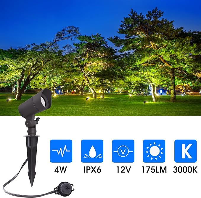 LED Landscape Lights with Connectors, 12V Low Voltage, Warm White 3000k, 4W, 175LM, Outdoor Waterproof Garden Pathway Lights Wall Tree Flag Spotlights with Spike Stand, 6 Pack