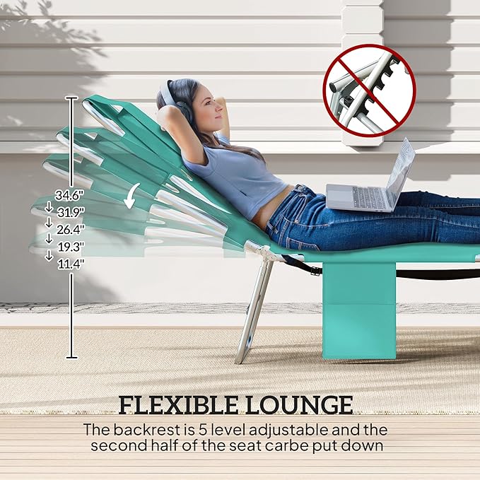 Outsunny Chaise Lounge Chair Outdoor with Face Arm Hole, 5-Position Reclining Face Down Tanning Chair with Carry Strap, Side Pocket, Portable Folding Bed Cot for Patio Beach Pool, Light Green