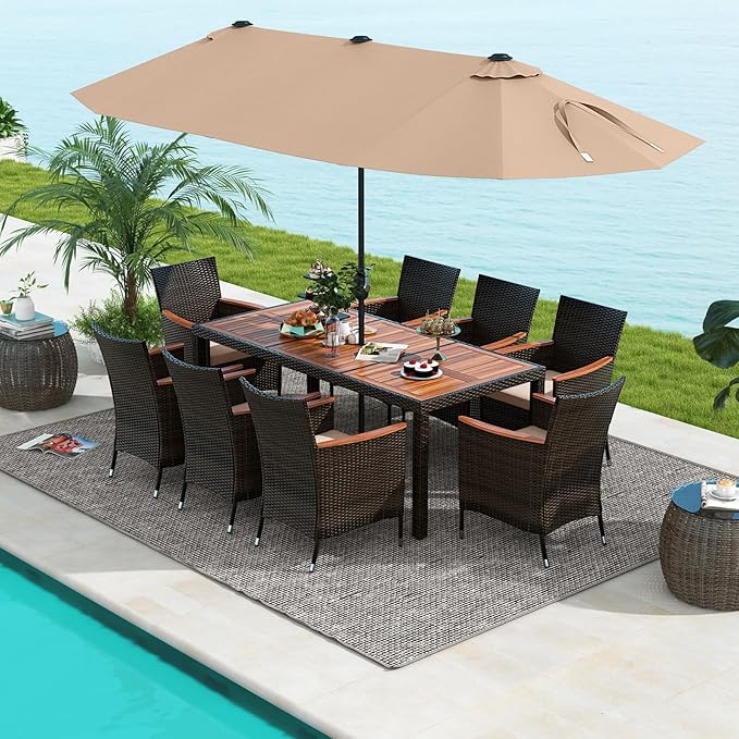 Tangkula 11 Piece Rattan Outdoor Dining Set with 15Ft Patio Umbrella for 8, Outdoor Wicker Table Set with 8 Cushioned Armchairs, Acacia Wood Top, Outdoor Umbrella with Base Included