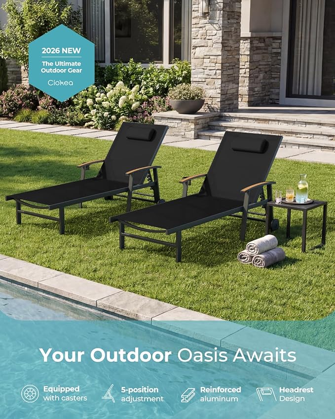 Ciokea Outdoor Lounge Chair with Pillow Set of 2, 5-Position Aluminum Chaise Lounge with Wheels & Armrests, 400 lbs Heavy Duty Patio Pool Chair for Backyard, Deck, Beach & Poolside, Black