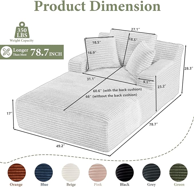 78.7" Chaise Lounge Chair Indoor, Oversized Boneless Couch Comfy Upholstered Sleeper Sofa Bed with 3 Pillows, Corduroy Cloud Reading Chair for Living Room No Assembly Required, Green