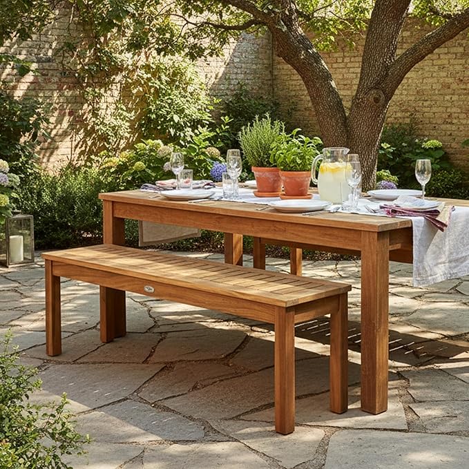 Tangkula 52 Inches Acacia Wood Outdoor Bench, Wood Bench for Dining Room Entryway Poolside Garden, Patio Backless Dining Bench with Slatted Seat, Ideal for Outdoors & Indoors