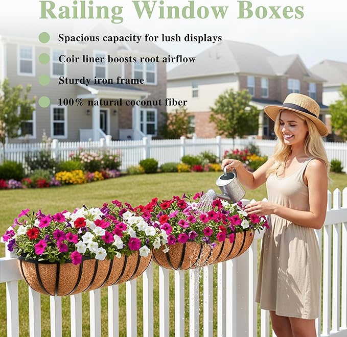 24 Inch Railing Planter Window Box Deck Balcony Rail Planter with Coco Liner Metal Wall-Mounted Coconut Liner Planter Basket English Horse Trough Planters for Outdoor Balcony Porch Fence (2 Pack)