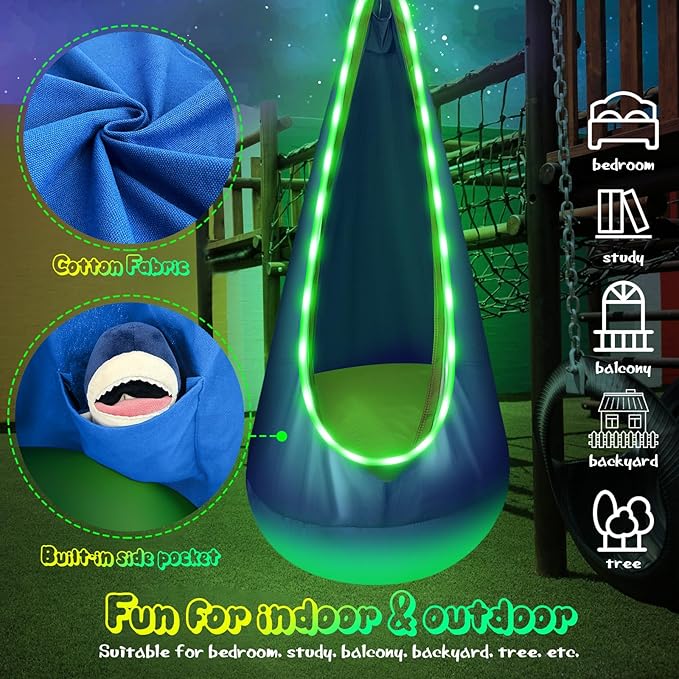 Light Up Kids Pod Swing Seat, Upgraded Kids Hanging Hammock Swing with LED Lights, Cotton Sensory Pod Swing Chair with Inflatable Pillow, Pod Swing for Kids Indoor & Outdoor (1 PCS) (Blue)