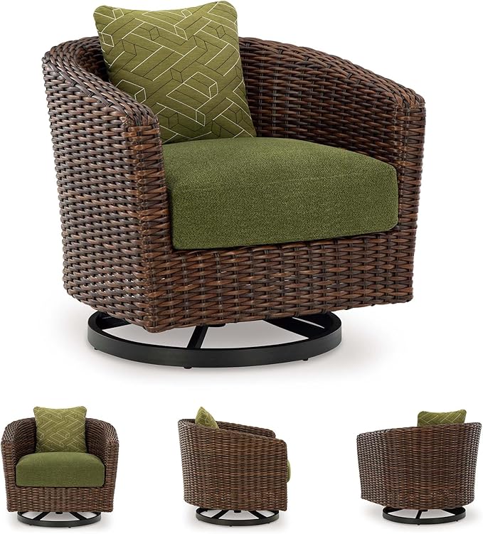 Signature Design by Ashley Horizon Hall Casual Outdoor Weather Resistant Swivel Lounge Chair with Removable Cushion, Green & Dark Brown