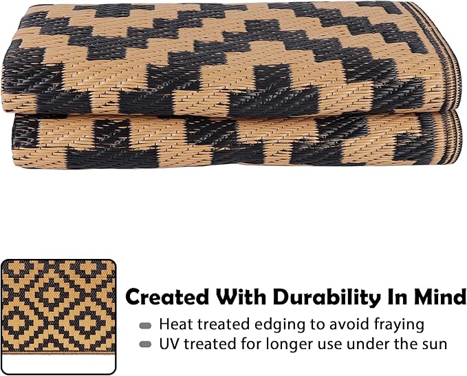 SAND MINE Waterproof Outdoor Rug 4x6 ft, Plastic Straw Area Rug, Large Floor Mat for Outdoors, RV, Patio, Backyard, Deck, Picnic, Beach, Trailer, Camping, Black & Brown Lattice