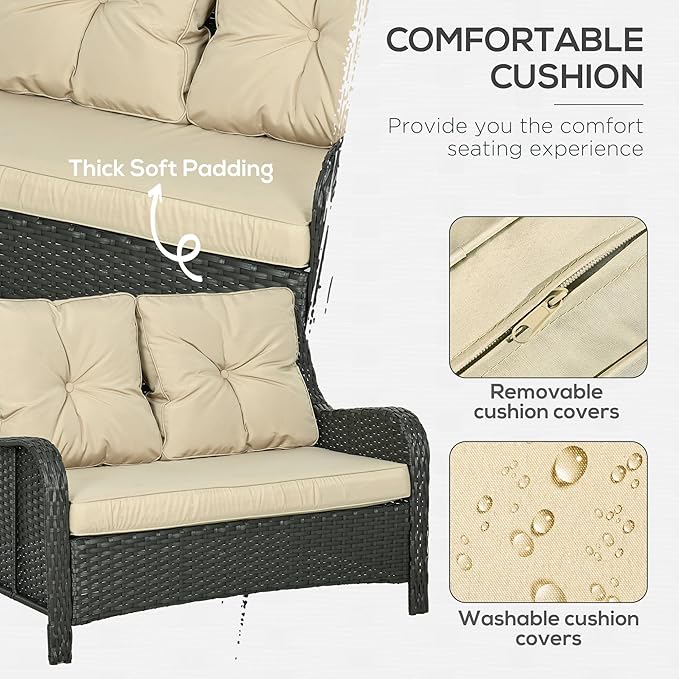 Outsunny 2-Seater Outdoor Sofa with 4" Thick Padded Cushions, PE Rattan Patio Outdoor Couch with Curved Armrests for Sunroom, Garden, Poolside, Beige