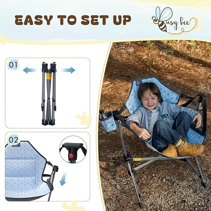 BusyBee Hammock Camping Chairs for Kids, Folding Kids Chair with Stand, Child Camping Gear, Hammock Swing Chair with Cup Holder & Carrying Bag for Outdoor, Lawn, Hiking, Indoor, Supports 125 LBS, Blue