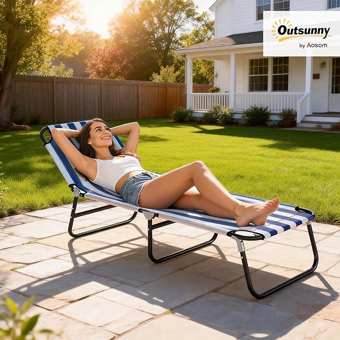 Outsunny Folding Chaise Lounge Pool Chairs, Outdoor Sun Tanning Chairs with 5-Level Reclining Back, Steel Frame for Beach, Yard, Patio, Blue and White