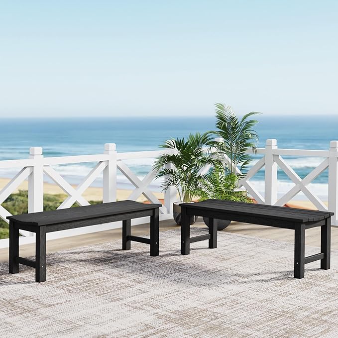 Outdoor Bench Set of 2, 2-Person Patio Backless Benches, HIPS Weatherproof Garden Bench That Never Rot and Fade, Suit for Backyard, Church, Patio, Deck and Entryway (Black)