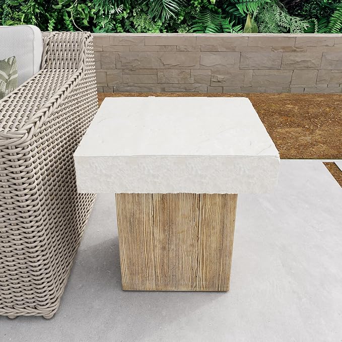 COSIEST Outdoor Medium Side Table, Patio Coffee Table, 19.7 inches Square MgO End Stool with Faux Wooden Pedestal Base,for Patio, Garden, Backyard, Antique Beige