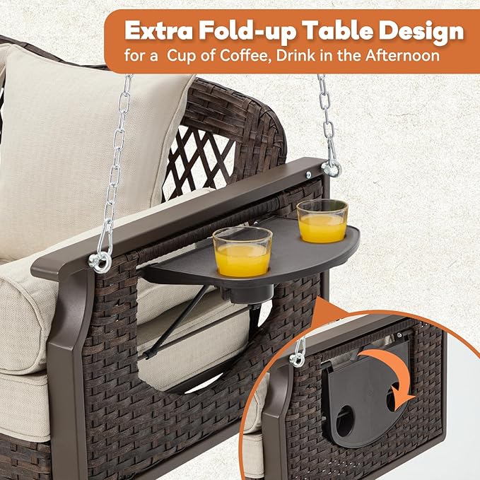 3 Seat Porch Swing, Wicker Patio Swing with Cup Holders & 3 Back Cushions, Yard Swing with Chains for Deck Garden Backyard,Brown Rattan, Beige Cushion, 56-inch