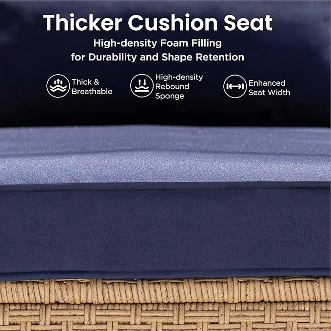 PHI VILLA Wicker Patio Furniture Set, Outdoor Sectional Couch with Cushions and Acacia Wood Coffee Table, U-Shaped Patio Conversation Set for Deck or Porch, 6 Seats, Navy Blue