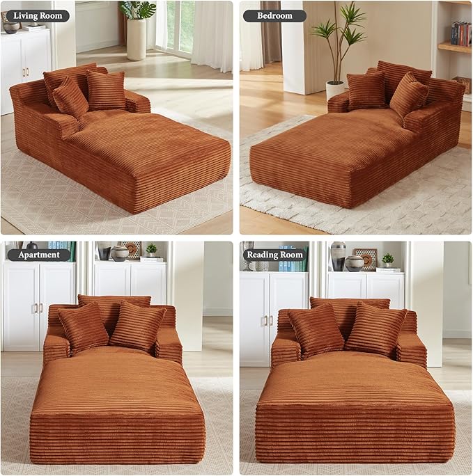 78.7" Chaise Lounge Chair Indoor, Oversized Boneless Couch Comfy Upholstered Sleeper Sofa Bed with 3 Pillows, Corduroy Cloud Reading Chair for Living Room No Assembly Required, Orange