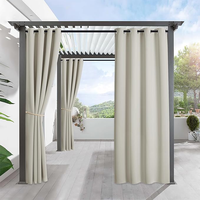 RYB HOME Outdoor Curtains for Patio Waterproof Block Sunlight Thermal Insulated Privacy Assured Thick Outside Curtains for Porch, Gazebo, Pergola, W52 x L84, Natural, 1 Panel