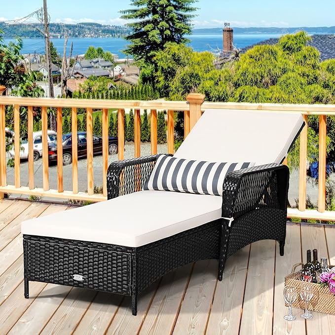 Tangkula Wicker Chaise Lounge Outdoor Set of 2, Patio Rattan Reclining Chaise with 6-Gear Adjustable Backrest, Thick Padded Cushion & Removable Lumbar Pillow, Pool Lounge Chairs for Outside Balcony