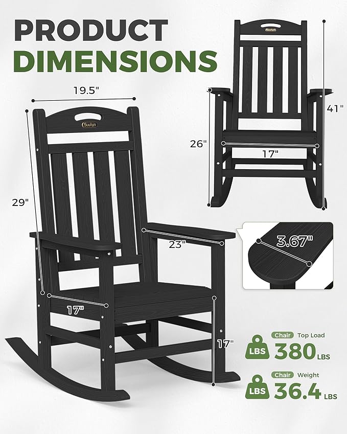 Oversized Outdoor Rocking Chairs Set of 4, High Back Porch Rocker Chair, HDPE All Weather Resistant Rocking Chairs for Patio, 380lbs Weight Capacity, Black