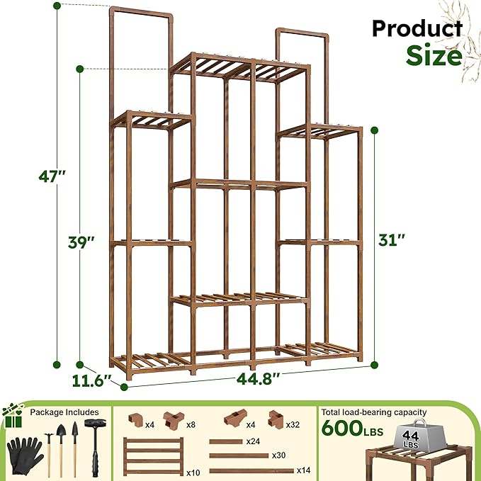 EnHomee Plant Stand Indoor Wood Plant Stand Outdoor Plant Shelf with 14-18 Potted Double Rod Large Plants Holder 440LBS Plants Shelves for Living Room Patio Balcony Yard Garden 44.8''W×11.6''D×47''H
