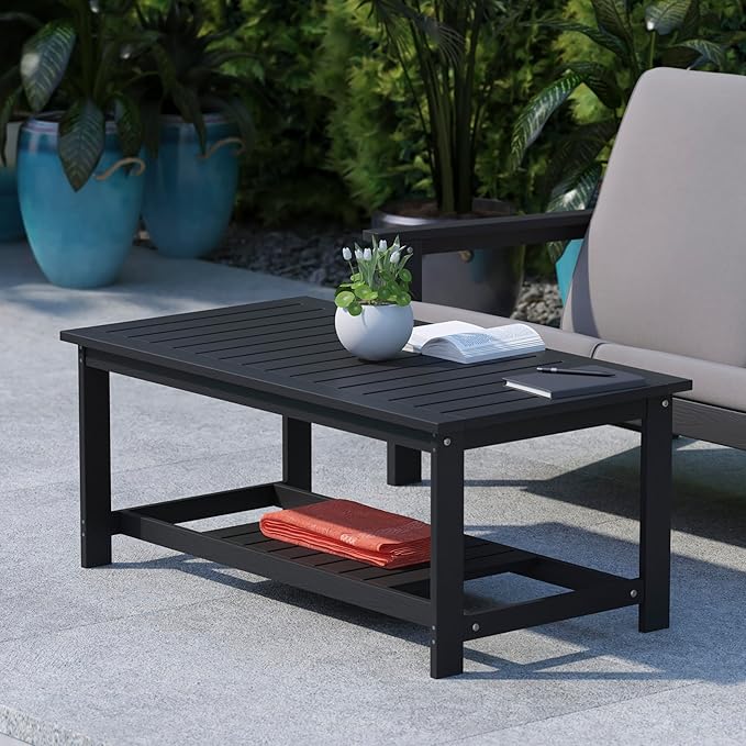 BizChair Two Tiered Commercial Grade Adirondack Coffee Table - Black Finish Poly Resin Wood - All-Weather - Slatted Shelf Design