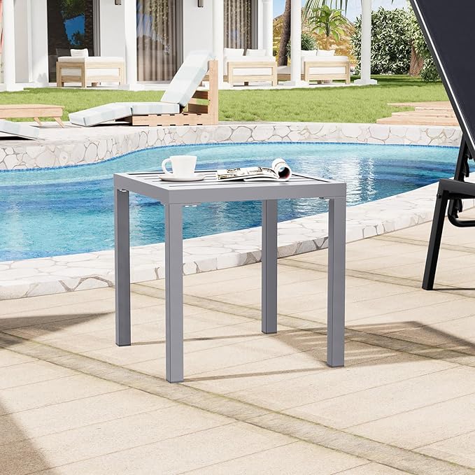 Crestlive Products Outdoor Side Table Set of 2, Small Square Metal End Table Weather Resistant Pool Side Tables for Patio Balcony（Light Gray