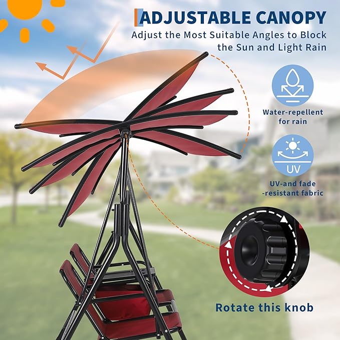 Porch Swing with Cup Holders & Pivot Storage Table & Cooler Bag with Adjustable Canopy for 2 Person Patio Swing for Backyard Balcony Poolside Red