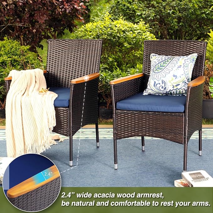 PHI VILLA 7 Piece Outdoor Dining Set for 6, 60” Rectangular Metal Steel Dining Table with Umbrella Hole & Rattan Wicker Chairs with Blue Cushions for Patio, Deck, Yard, Porch