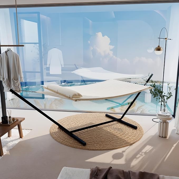 2 Person Outdoor Hammock with Stand, Portable Hammock, Heavy Duty Hammock with Soft Pillow, Balance Ropes, for Patio, Backyard, Garden, Beach, Beige