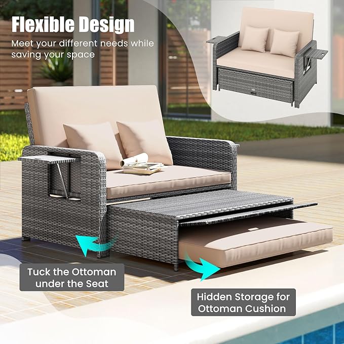 LDAILY Moccha Outdoor Daybed, Wicker Loveseat Sofa Set with 4-Postion Adjustable Backrest, Storage Ottoman, Cushions, Rattan Double Bed Lounger, Patio Furniture Set (Mixed Gray+Beige)