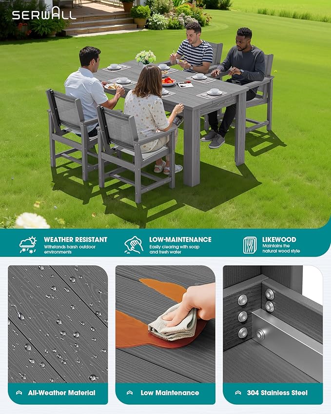 SERWALL 7 Piece Outdoor Dining Table Sets for 6 with 1 Umbrella Hole Cut-Out Rectangular Table and 6 Textilene Chairs, HDPE Dining Table Sets for Garden, Backyard, Poolside, Gray