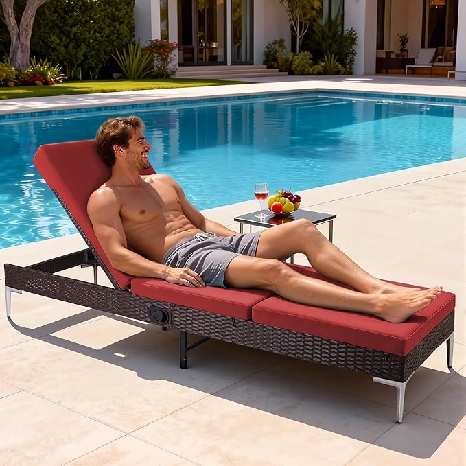 HOMREST Outdoor Chaise Lounge Chair, Patio Wicker Lounge Chair with Pneumatic Adjustable Backrest, Rattan Pool Sunbathing Chair Suitable for Outside with Removable Cushion (Burgundy)