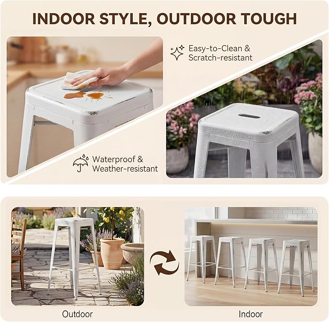 Shahoo 30 Inches Metal Bar Stools Counter Height Stackable Backless Stools, Industrial Patio Stools Indoor Outdoor Metal Kitchen Stools Set of 4 (Distressed White, 30'')