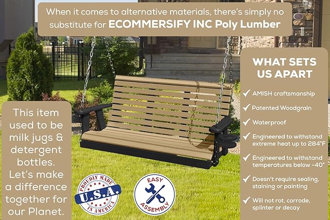 Poly Lumber Wood 4FT Porch Swing Amish Craftsmandship Made in USA HDPE with No wood fibers and 1000 lbs Limit. Stainless Steel Hardware.Signature Rollback design for Patio Outdoor Backyard Garden Park