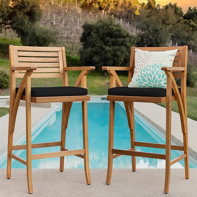 Best Choice Products Set of 2 Outdoor Acacia Wood Bar Stools Bar Chairs for Patio, Pool, Garden w/Weather-Resistant Cushions - Black