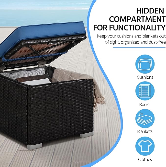 Yaheetech Wicker Ottomans, Set of 2 Patio PE Rattan Side Tables with Hidden Storage & Removable Cushion, Outdoor/Indoor Footstools, Additional Seating for Garden/Balcony/Yard, Brown/Dark Blue